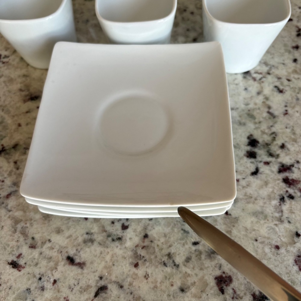 B. Smith Espresso Demitasse Set White Ceramic Square Cups Saucers Metal Rack - Picture 7 of 14